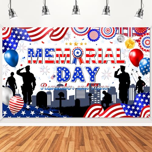 Avezano Memorial Day Banner Remember and Honor Backdrop Memorial Day Decorations Red White Blue Patriotic Banner Party Supplies (6x3.6ft)