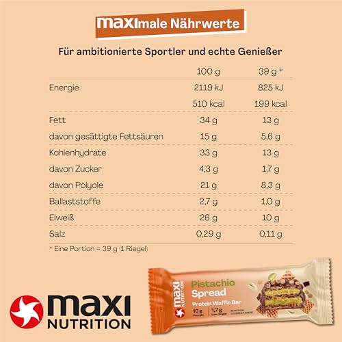 MaxiNutrition Pistachio Spread Protein Waffle Bar, 26% Eiweiß, 199 kcal, (12 Eiweißriegel x 39g), Ohne Zuckerzusatz