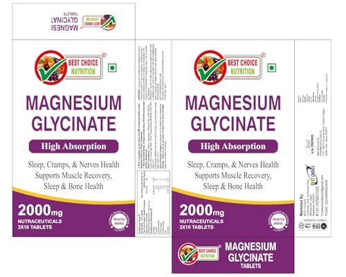 Image of Best Choice Nutrition Magnesium Glycinate High Absorption, Supports Sleep, Cramps, Nerves, Muscle Recovery, Bone Health, Tablets (30 Tablets)