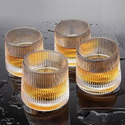 Jinelza Old Fashioned Dancing Whiskey Glass Set of 4 with Rotatable Bottom,Premium Vertical Line Design Glasses for Scotch, Bourbon, Vodka, Juice, and Cocktails Fancy 170 ML