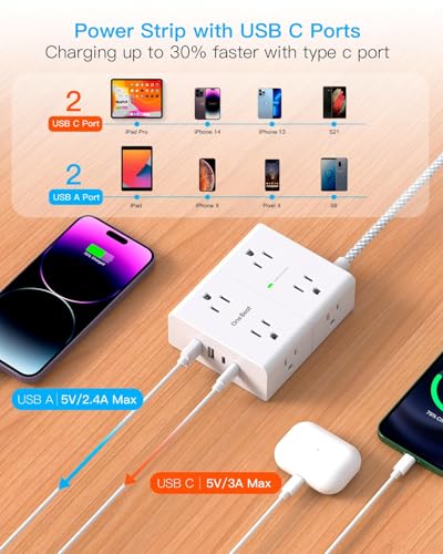 Surge Protector Power Bar 15 Ft Cord, Ultra Thin Flat Extension Cord with 8 Outlets 4 USB Ports(2 USB C), Flat Plug Power Bar, 15 Ft Long Braided Power Cord for Home, Office, Dorm  image 3