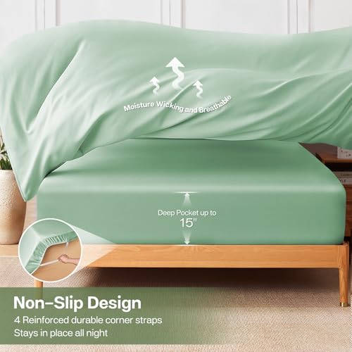 MR&HM Full Size Bed Sheets, 4-Piece Cooling Sheets, Rayon Derived from Bamboo & Polyester Blend, Soft & Silky, 15" Deep Pockets with Elastic Straps, Hotel Luxury for Hot Sleepers, Sage Green