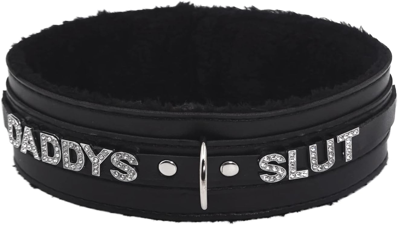 paloliWomen Pink Leather Choker Necklace, Punk Gothic Black Fluffy Name Letters Collar Leash Neck Jewelry