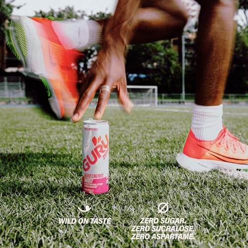 Image of GURU Zero Sugar Energy Drink, Ruby Red Organic Sparkling Energy Drink with 140 MG Natural Caffeine & Coconut Water for Workouts, Performance & Midday Boost, Gluten Free, Vegan, 12 Fl Oz, 24 Pack