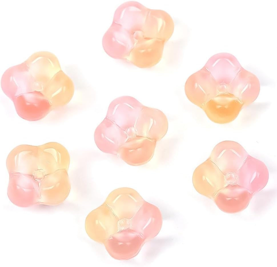 100PCS Glass Flower Beads for Jewelry Making 4 Petal Flower Bead Caps Gradient Cute Floral Beads Aesthetic Charms for Necklace Bracelets Earrings DIY Craft Home Decoration-Pink Yellow - Image 7