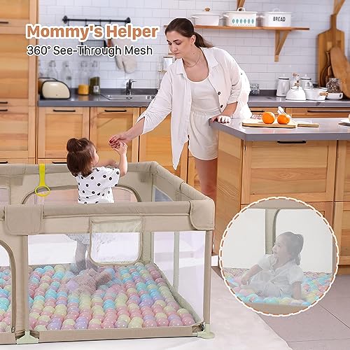 Image of Dripex Baby Playpen, 71 inchx47 inch Large Play Pen for Babies, Beige | Included Portable Bag / Pull up Rings, Breathable Visible Mesh, Anti-Fall Design, Easy Setup, Indoor /Outdoor Use