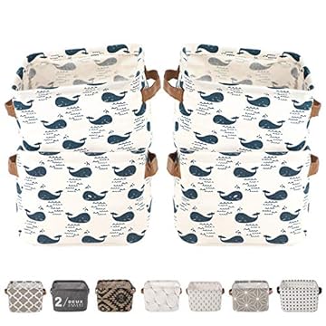 LessMo 4 Pack Storage Baskets, Collapsible Mini Storage Boxes, Canvas Fabric Waterproof Storage Bins made from Cotton and Linen, for Toys, Bathroom, Closets, Playroom (WHALE, Thin/waterproof)