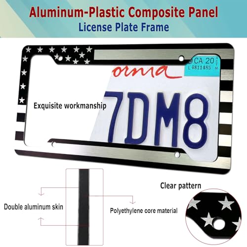 Image of BGGTMO Black American Flag License Plate Frames, 2 Pack Front Rear Aluminum | Patriotic USA Stars and Stripes Design, Brushed Aluminum-Plastic Material, Car Tag Holder with Screws Caps