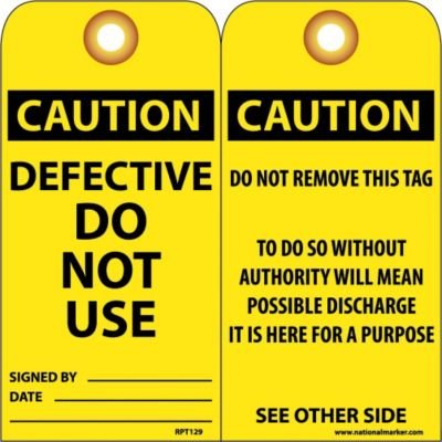 NMC RPT129G"Caution - DEFECTIVE DO NOT USE" Accident Prevention Tag with Brass Grommet, Unrippable Vinyl, 3" Length, 6" Height, Black on Yellow (Pack of 25)