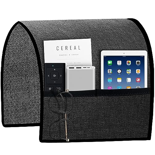 Ntomtuex Linen Armchair Caddy Sofa Arm Rest Cover with 2 Pockets Sofa Armrest Protector for Recliner Anti-Slip Armchair Caddy Slipcover for Living Room Couch Loveseat for Pet, Set of 2, Dark Grey