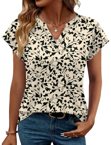 Rapbin T Shirts for Women UK Ladies Tops V Neck Womens Summer Tops Casual Loose Tee Apricot Black Floral S