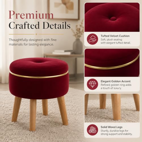 Image of Ottoman Stool for Living Room Foot Rest | Velvet Small Ottoman Foot Stool | Solid Wood Legs | Footstool Puffy for Home, Bedroom & Makeup Table | 30 x 30 cm (12 x 12 Inch) | Maroon
