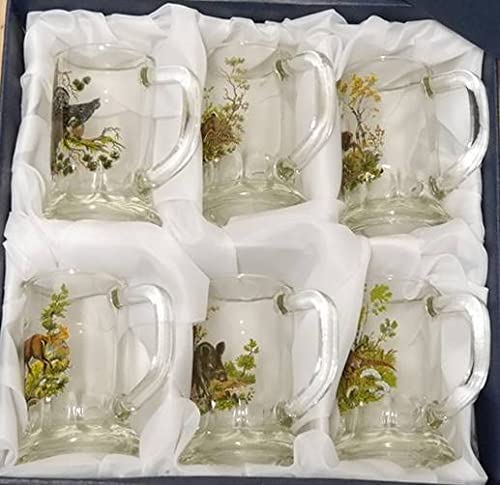 6 teiliges Schnaps Krügle Krügerl Gläser Set mit farbigen Jagdmotiv - 2 cl -