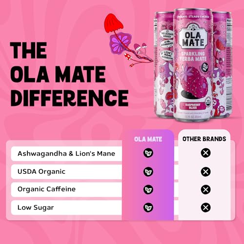 Image of Yerba Mate Energy Drink - Low Sugar Sparkling Tea Cans with Ashwagandha, Lion's Mane, USDA Organic Clean Energy Drink with 125mg Natural Caffeine, Ola Mate Raspberry Bliss