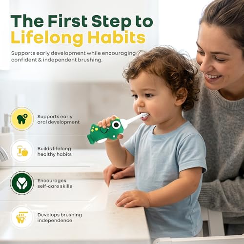 Image of R for Rabbit Tiny Smiles Dino Kids Toothbrush with Tongue Cleaner for Toddlers & Babies 2+ Years | Extra Ultra Soft PBT Bristles, Gentle on Gums | Cute 3D Dinosaur Easy Grip Handle | BPA Free (Green)