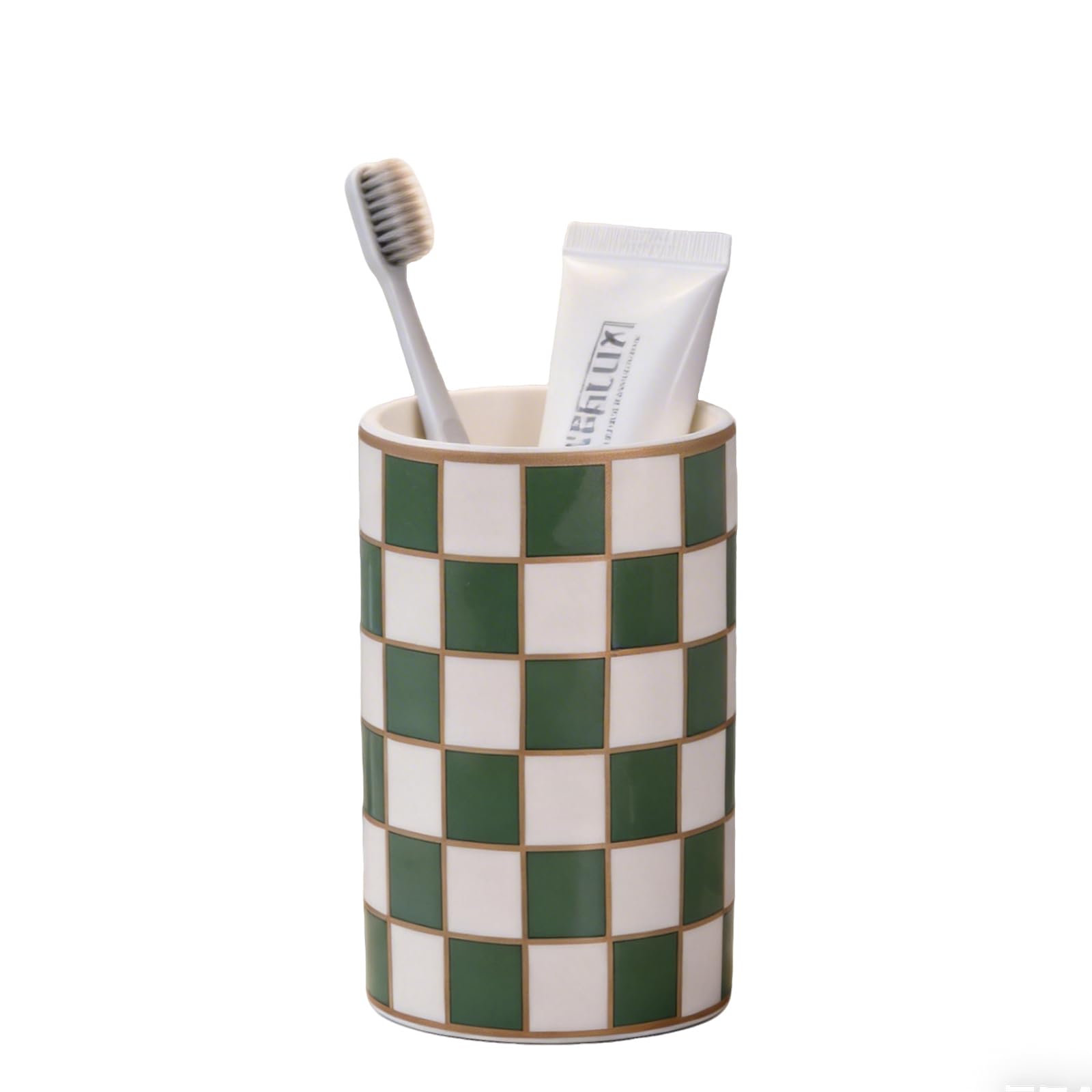Ceramic Checkered Toothbrush Holder with Gold Stripe, Black & White Grid Bathroom Organizer for Toothbrushes & Toothpaste, Multi-Functional Desktop Pen Holder Decor (Green)