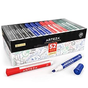 Arteza Whiteboard-stiften, Voordeelset van 52 whiteboard-markers (met beitelpunt), Afwasbare stiften in 4 verschillende…