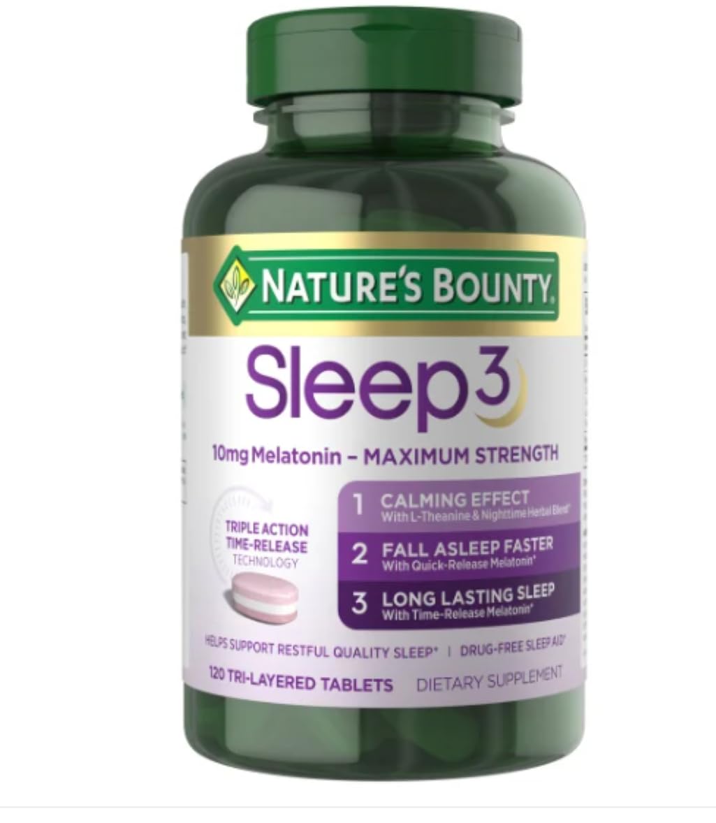 NATURES BOUNTYSleep 3 10 MG MELATONIN Maximum Strength Drug Free Sleep AID 120 CT Plus Bonus 2 Sugar-Free White Peach Hydration Sticks