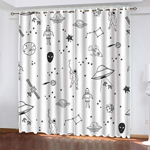 KBDQGX Outdoor Curtains For Pergola Gazebo 2 Panels 79X63 Inch Drop Black And White Space Theme Blackout Curtains For Kids Boys Girls Bedroom Living Room Nursery Soft Thermal Insulated Eyelet Window