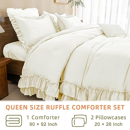Image of QSH Ruffled Comforter Queen Size, Shabby French Country Chic Bedding Ivory Comforter Sets, 3 Peices Farmhouse Lightweight Boho Comforter Set for Bed, Ultra Soft All Season Microfiber Fluffy Bedding