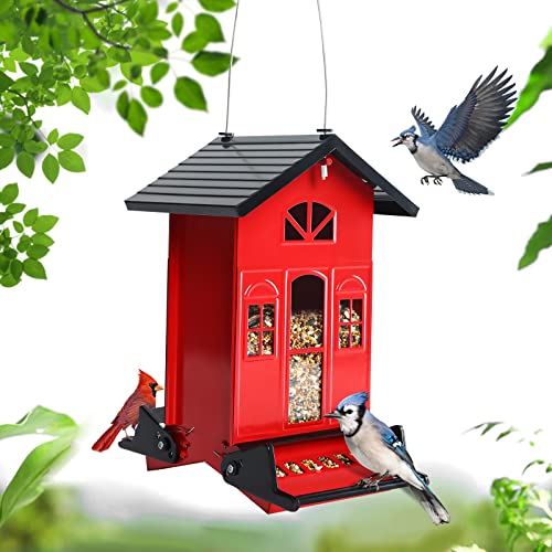 Birdkiss Bird Feeder Squirrel-Proof Outside: Country House Series for Hanging - Metal - 5LBs Seed - Weight-Activated for Outdoors - Large Capacity and Red