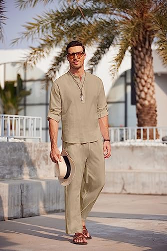 COOFANDY Conjunto Masculino De 2 Peças Algodão E Linho, Camisas Henley Manga Comprida, Calças Praia