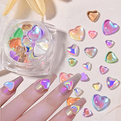 Holographic 3D Heart Nail Art Charms for Valentine's Day 20 Pcs,Colorful Macarons Candy Heart Shaped Mixed Size Laser Nail Rhinestones Nail Decals Craft DIY Accessory