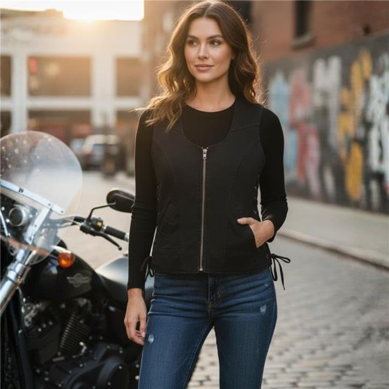 Daniel Smart Women's Black Denim Motorcycle Vest, V-Neck with Side Laces, Heavy-Duty Metal Snaps & Dual Internal Pockets - Image 2
