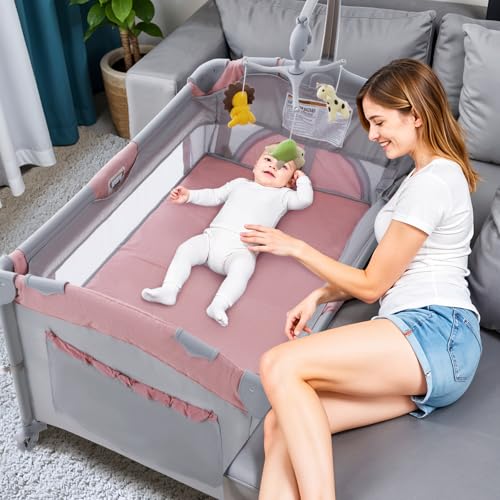 Image of 5 in 1 Bedside Sleeper,Baby Bassinet,Pack and Play with Changing Table,Portable Travel Baby Playyard Music Box,Portable Travel Bed for Infant Newborn (Gray Pink)