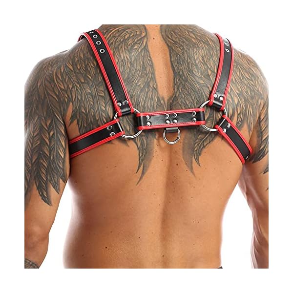 ZUYPSK Herren Verstellbarer PU Leder Body Brust Harness Punk Gothic Sklave Bandage Kostüme Party Klub Outfits (Rot… – Bild 6
