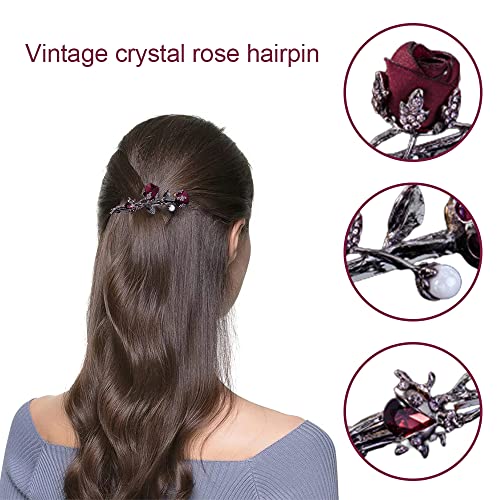 Dhinkyoung Vintage Crystal Rose Hair Clip Rhinestones Rose Flower Hair Barrette Vintage Style Hair Pin For Women Ladies Hair Decoration Wedding Party Gifts #TOP2