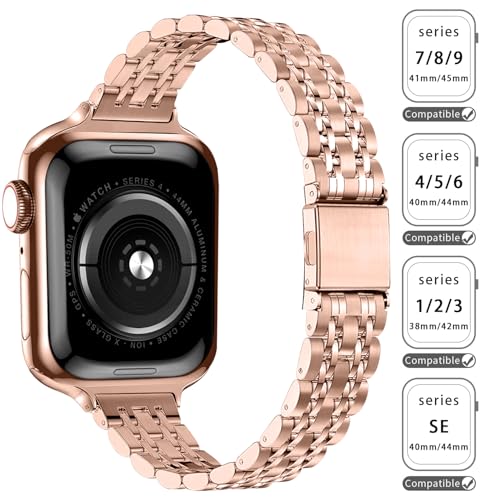 Image of QUNDAXI Slim Watch Band Compatible with Apple Watch 41mm 45mm 42mm 44mm 40mm 38mm Metal Stainless Steel Watchband Suitable for iWatch 11 /10 /9 /8 /7 /6 /5 /4 /3 /2 /1 /SE Series Women Luxury Strap