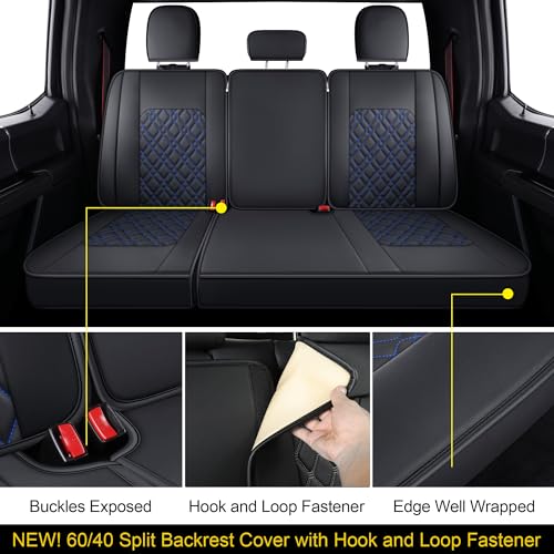 Image of LUCKYMAN CLUB F150 Full-Set Seat Covers J03-Q3 with Waterproof Faux Leather, Fit 2015-2025 Ford F150 and 2017-2025 F250 F350 F450 (Full Set, Black-Blue)