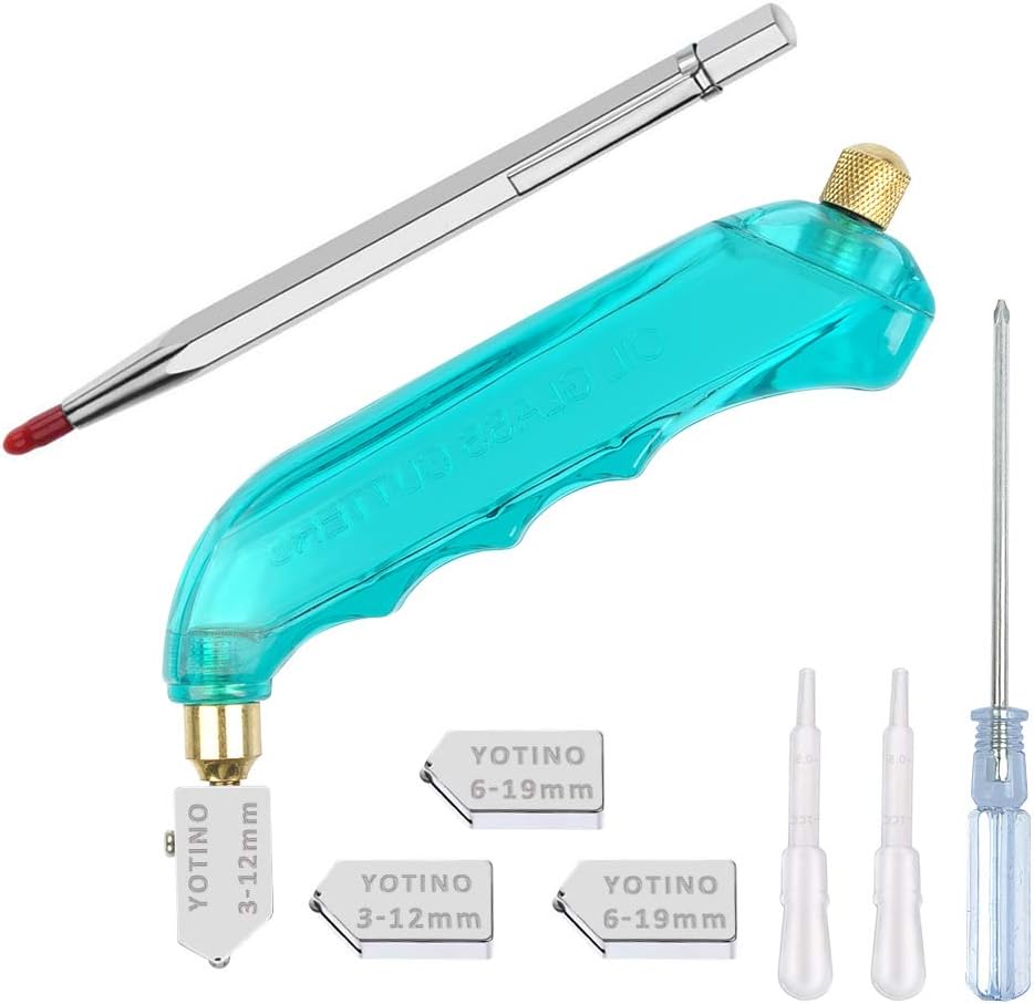 YOTINO Glass Cutting Tool Kit Includes Blue Pistol Grip Oil Feed Glass Cutter with 3 Extra Replacement Head(3mm-12mm, 6mm-19 mm) Tungsten Scribe Engraving Pen, Screwdriver and Oil Dropper