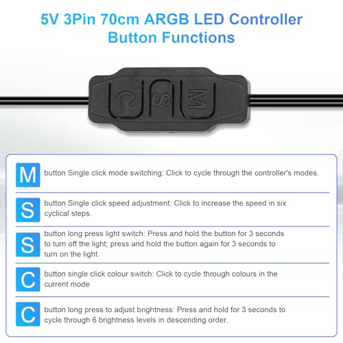 AYHWP Controlador LED ARGB de 5 V, 3 pines, 70 cm, con USB, con botones, controlador ARGB para fans de PC y tiras de luz - imagen 4