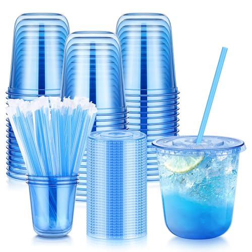 KesaPlan 50 Pack 12 oz Blue Plastic Party Cups with Lids and Straws