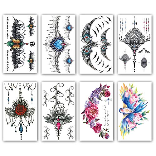 Large Chest Temporary Tattoo Sticker, Mandala Back Waist Temporary Tattoo Sticker, Fake Tattoos for Women Lady, 8-Sheet