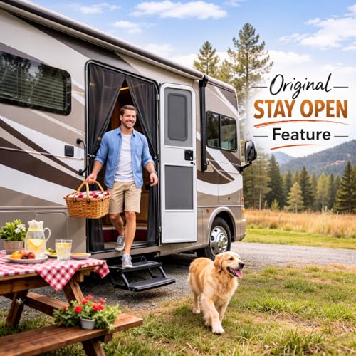 AUGO RV Screen Door with Magnetic Closure – Self Sealing, Heavy Duty Mesh Camper Screen Door –Bug Free– Pet and Kid Friendly – Hands Free with Stay Open Feature for trailers, Motorhomes – 33x80 Inches by AUGO - Used condition - Image 2