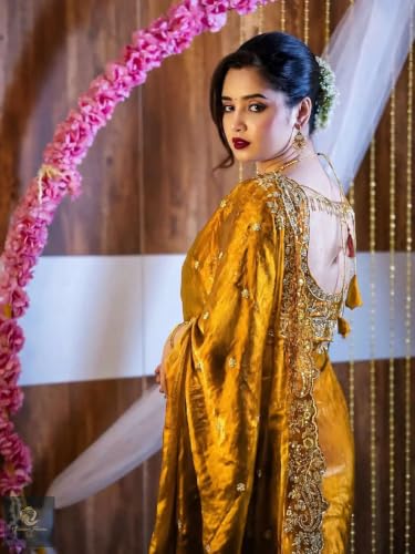 Image of DESTY Saree with Intricate Gold Embroidered Border & Designer Blouse