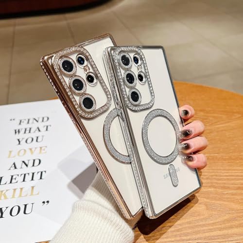 Image of for Samsung Galaxy Glitter Case,Luxury Bling Rhinestone Diamond Plated Bumper Case,MagSafe, Sparkle Camera Lens Protection Clear Back Cover (Gold, for Samsung Galaxy S24 Ultra)