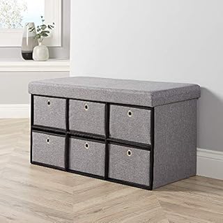 Home Source Grey Fabric Folding Ottoman 6 Drawer Storage Chest, (W) 76cm, (D), (H) 38cm