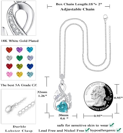 Gold Jewelry for Women Wife Infinity Necklace 18K White Gold Plated Dainty Butterfly Pendant with Heart Birthstone - Anniversary Necklaces for Women Birthday Gift Ideas Present for Girlfriend Mom Daughter