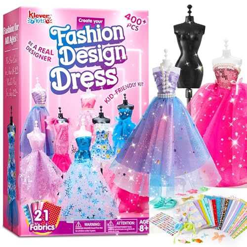 Klever Kits 400+PCS Fashion Design Crafts for Kids, Art and Crafts, DIY Sewing Kits with 3 Mannequins for Girls Aged 8-12, Birthday Presents, Toys for Kids
