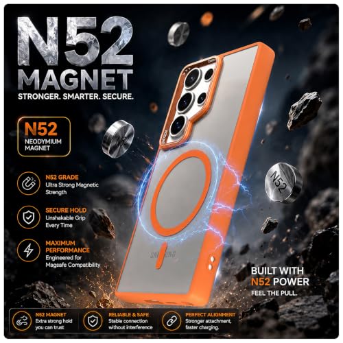Image of Pikkme Back Cover for Samsung Galaxy S24 Ultra 5G | Shockproof | Mag-Safe Compatible | Hard Transparent Back | Premium Raised Camera Protection | Bumper Case (Orange Mag-Safe)