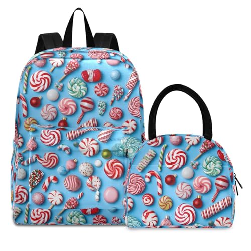 Christmas Candy Print Backpack Set with Lunch Bag, Large Capacity Travel Backpacks and Lunch Box Insulated for Commute Hiking Picnic