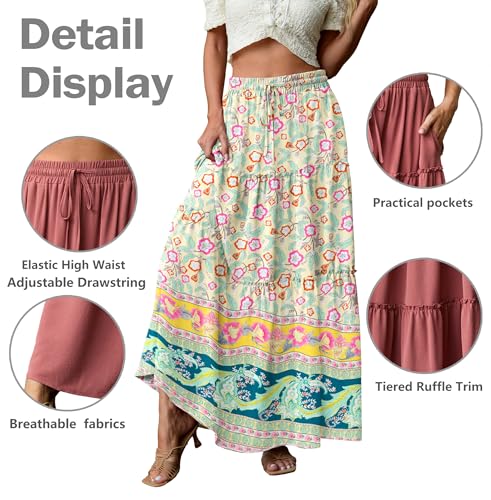 Image of Lepunuo Womens Casual Boho High Waisted Flowy Maxi Skirts Tiered Floral Long Skirts with Pockets for Summer Beach Vacation