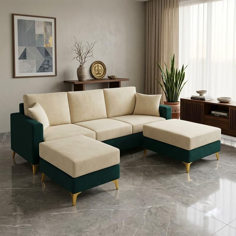 Image of Strike Dual Tone Plush 5 Seater L Shape Sofa Set with 2 Movable Ottomans| Flexible Layout | Silken Velvet Suede| Golden Metal Legs|for Living Rooms & Office (Green Teal & Cream) | Breathable Material
