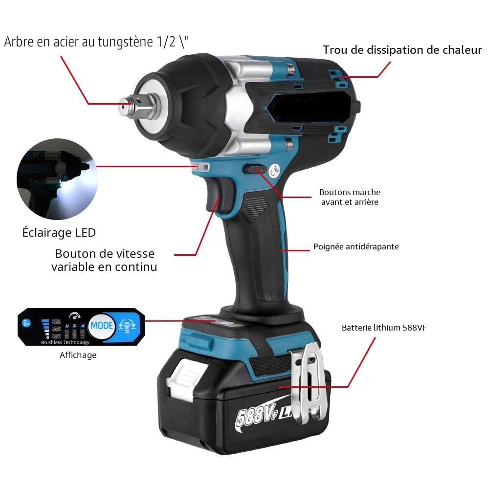 1800N.M Clé à Chocs Sans Fil,1/2 Pouce Boulonneuse a Choc, Compatible avec Makita 18V,Clé à Chocs Multifonction avec Lumière LED,avec 1 batterie, 7200 tr/min,5 vitesses,pour voiture et maison (Bleu)