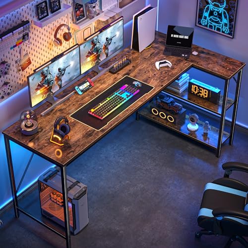 Huuger L Shaped Desk, 63 Inches Computer Desk with Reversible Storage Shelves, for Gaming Corner Home Office Writing Study, Metal Frame, Rustic Brown