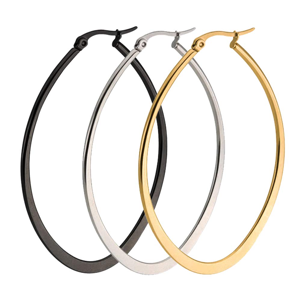 3 Pairs Big Hoop Geometric Earrings for Women, Hypoallergenic Stainless Steel Hoop Earrings Set Plated in Gold-Silver-Black-Rose Gold